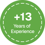 Green circular badge with dashed border, displaying "+13 Years of Experience" in bold white text on a black background, conveying expertise and reliability.