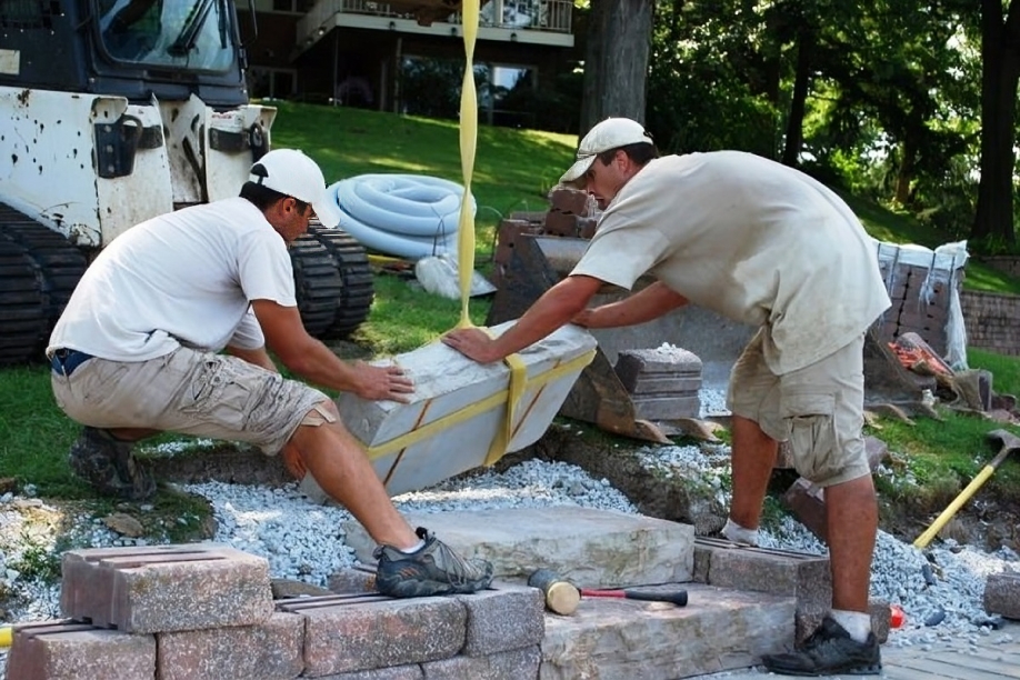 Two men in work clothes lift a large stone slab on a construction site. A mini excavator and stacks of materials are visible in the background.